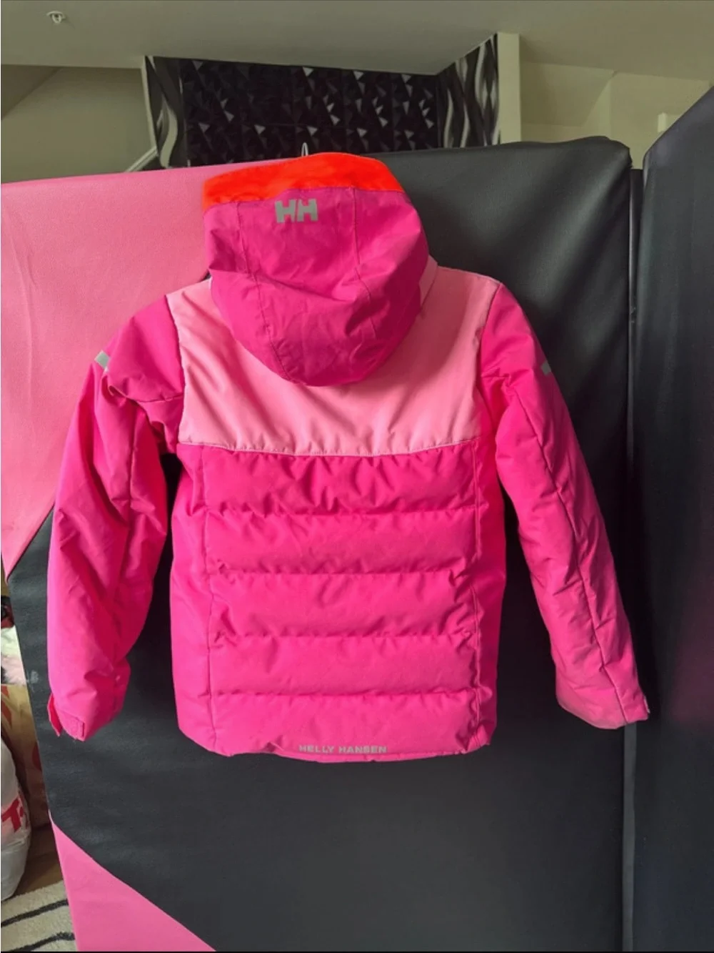 Helly Hansen Kids' Two-Tone Pink Puffy Hooded Jacket with White Chest Stripe